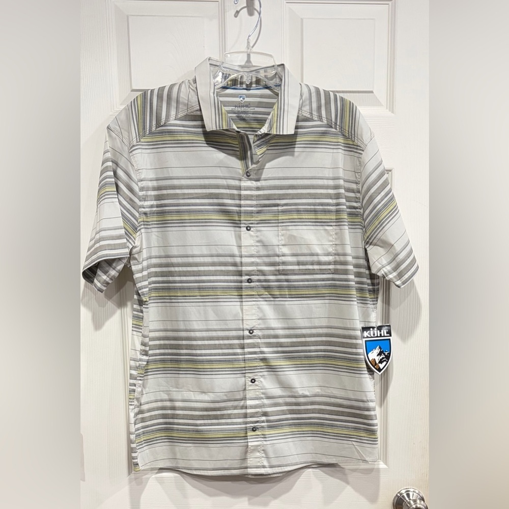 Kuhl Men's XL Intriguer™ Short-Sleeve Top Ivory Twist Tan Stripes NWT UPF 50